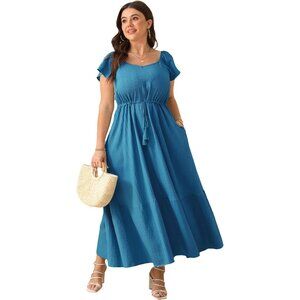 Plus Size Boho Maxi Dress Short Sleeves High Waist Ruffle Pockets Casual Summer